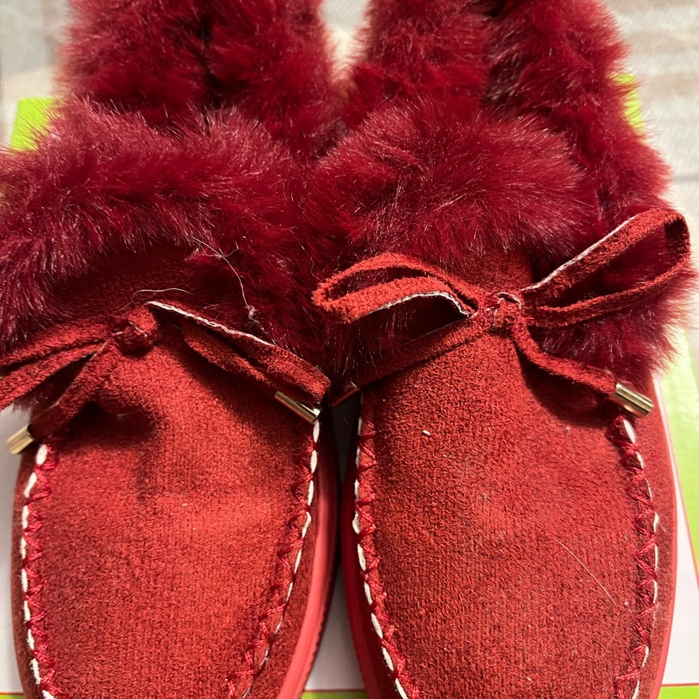 NWT- Red Suede Moccasins with Fur Trim